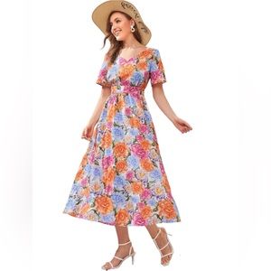 Midi Floral All Over Print Boho High Waist A Line Short Sleeve Dress